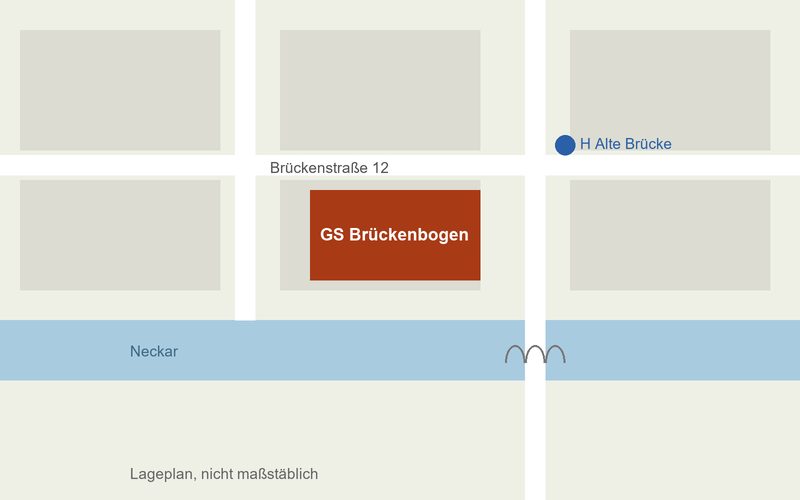 Lageplan: Die Schule liegt an der Brückenstraße, die Bushaltestelle Alte Brücke ist zwei Minuten entfernt