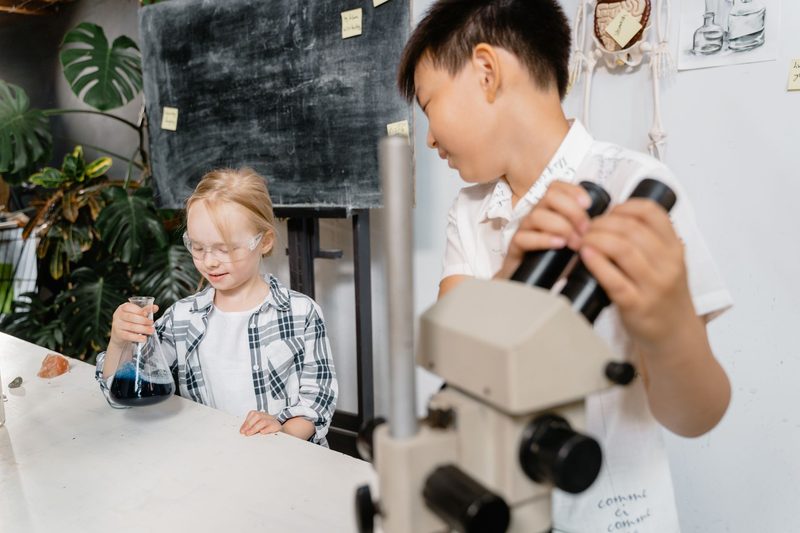Zwei Kinder arbeiten mit Mikroskop und Reagenzglas